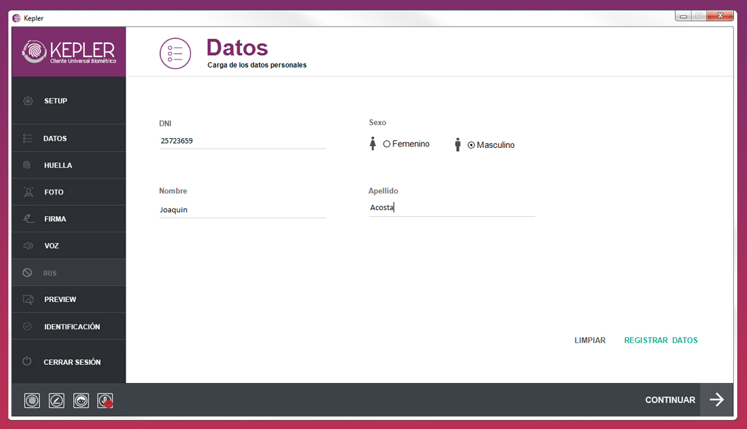 pantalla toma de datos kepler Biometría toma de datos